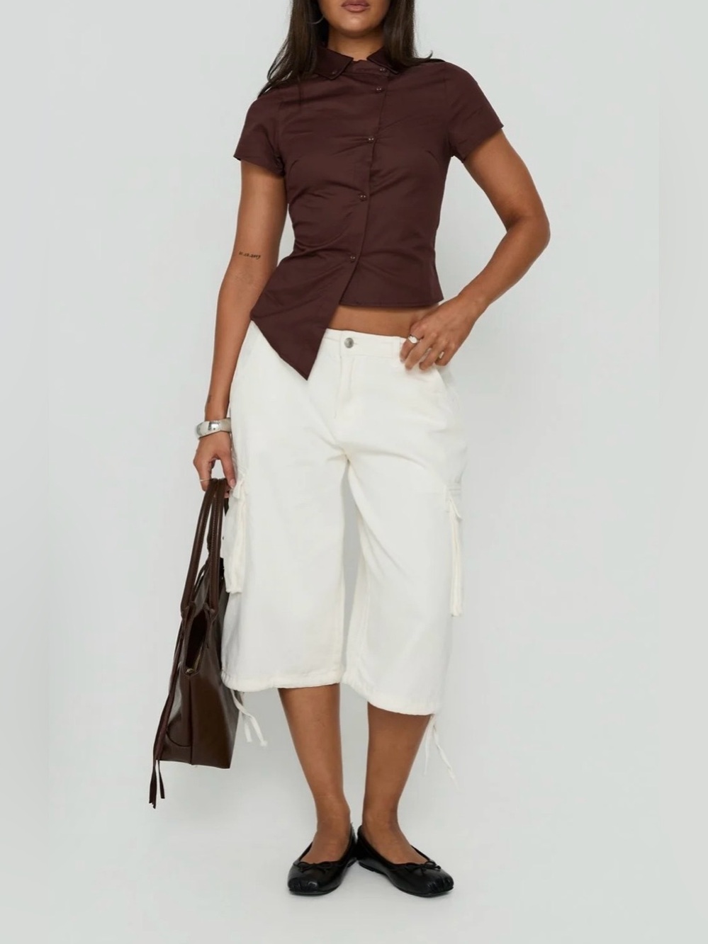 Princess Polly Cream Cargo Bermuda Shorts